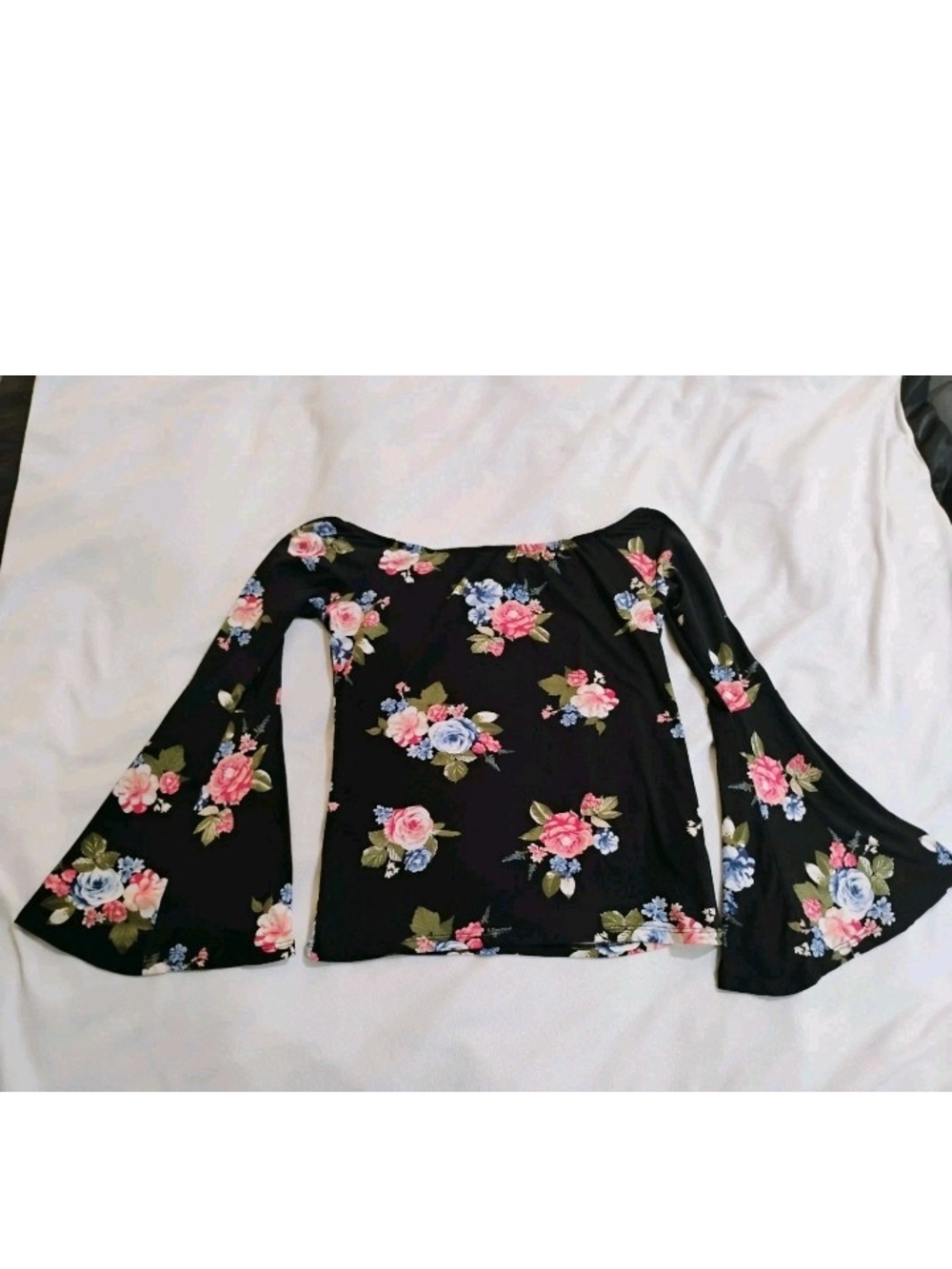 Joe Boxer Black Off-Shoulder Long Sleeve Top with Pink and Blue Floral Print